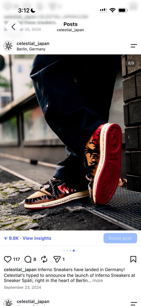 Inferno on foot with the red outsole visible