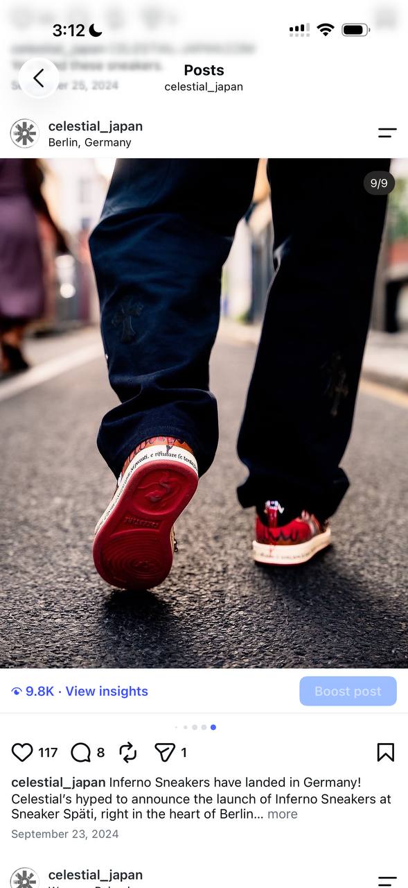 Red outsole attached to Inferno while worn outdoors