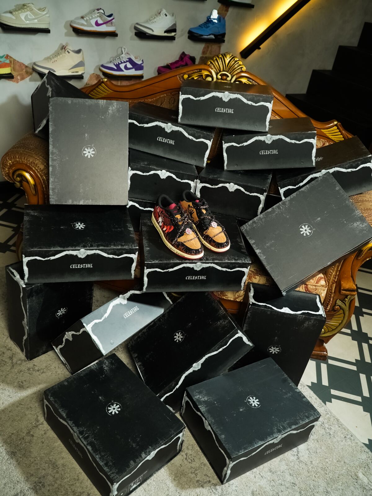 Physical Celestial boxes and Inferno sneakers photographed in a shoe store
