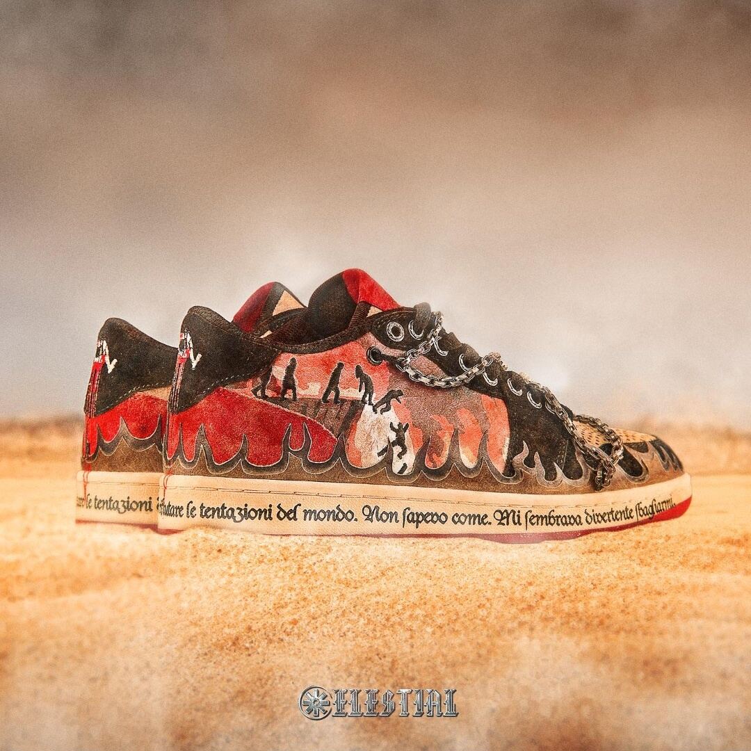 Celestial Inferno sneakers with flame panels and metal chains